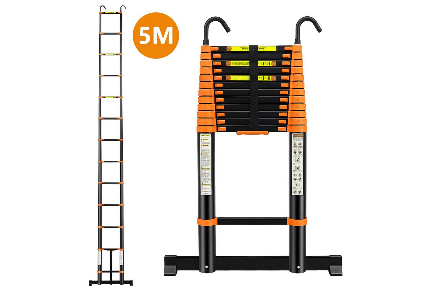 SunJas Teleskopleiter 5M Ausziehleiter Anlegeleiter Multifunktionsleiter bis 150kg (mit abnehmbaren Haken, Außen‑Arbeitsleiter,höhenverstellbare Leiter,schwere Teleskopleiter) Bild 4
