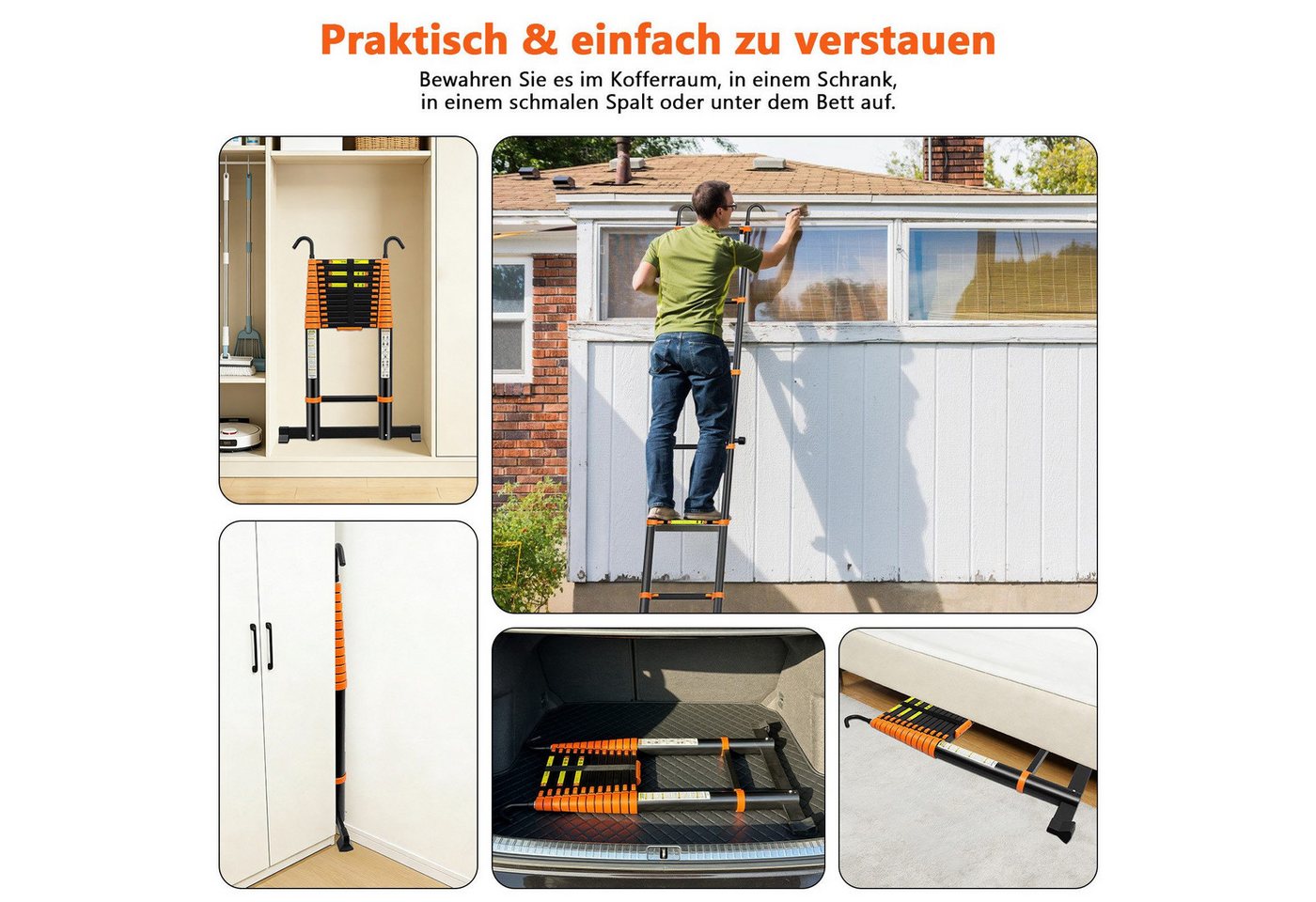SunJas Teleskopleiter 5M Ausziehleiter Anlegeleiter Multifunktionsleiter bis 150kg (mit abnehmbaren Haken, Außen‑Arbeitsleiter,höhenverstellbare Leiter,schwere Teleskopleiter) Bild 5