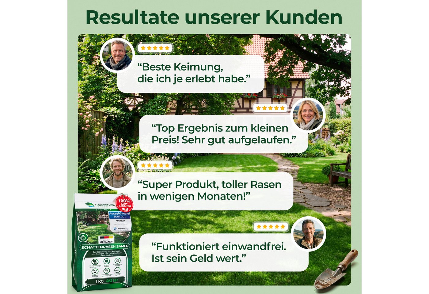 Natureflow Rasensamen für schattige Flächen, schnellkeimend, TEST SEHR GUT, 100% Keimgaranti, 1 kg