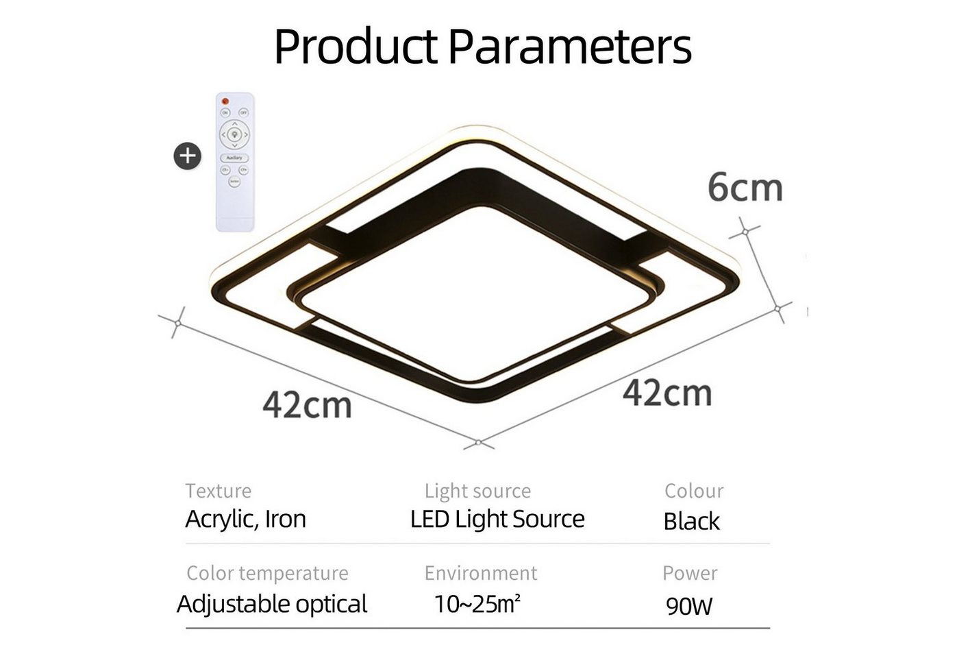 style home LED Deckenleuchte Deckenlampe, 90W-42x42x6cm, LED fest integriert, Warmweiß bis Kaltweiß 3000K-6000K, dimmbar mit Fernbedienung, Quadratische Lampe für Wohnzimmer Schlafzimmer Büro,42x42x6cm,Schwarz