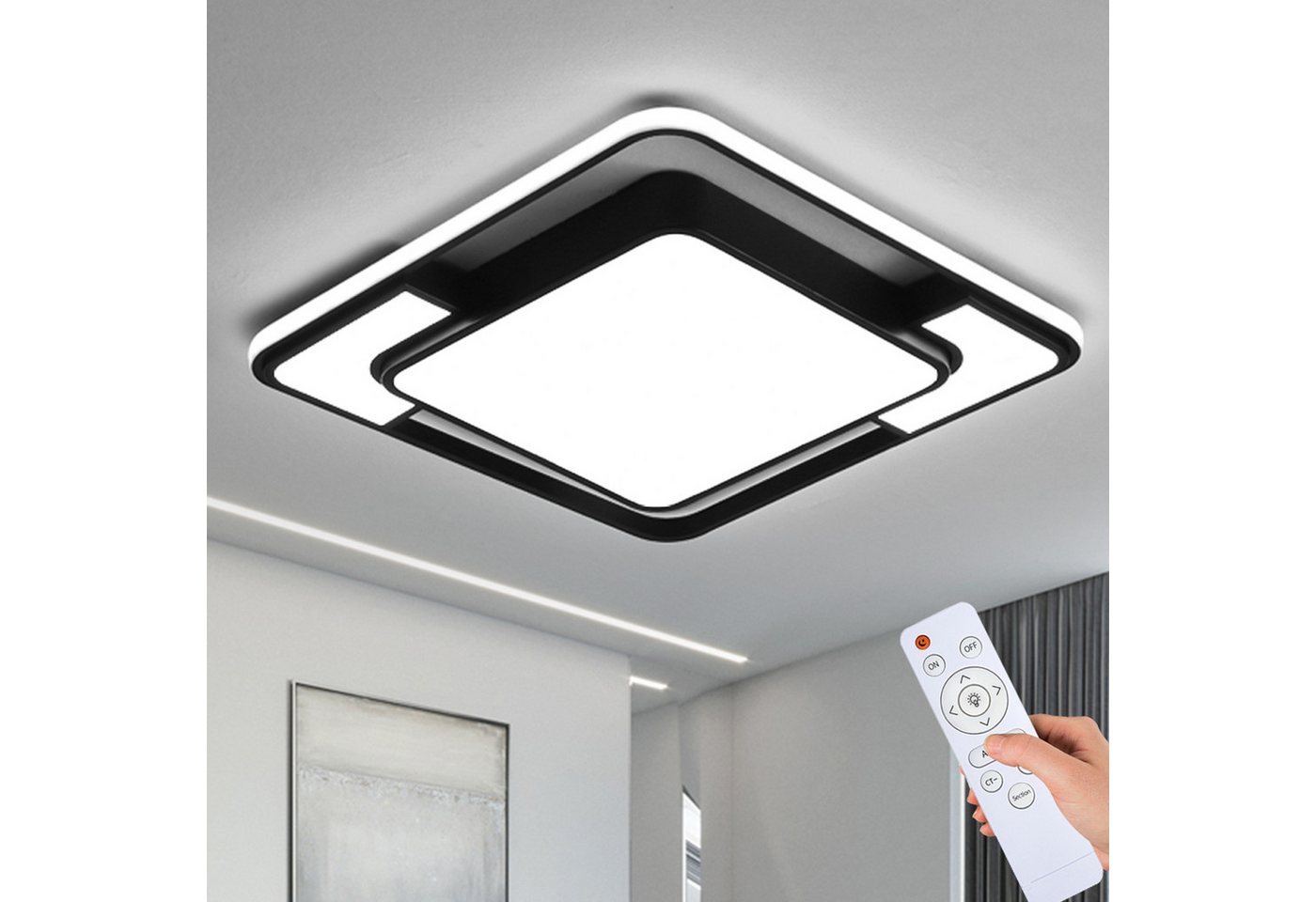 style home LED Deckenleuchte Deckenlampe, 90W-42x42x6cm, LED fest integriert, Warmweiß bis Kaltweiß 3000K-6000K, dimmbar mit Fernbedienung, Quadratische Lampe für Wohnzimmer Schlafzimmer Büro,42x42x6cm,Schwarz Bild 3