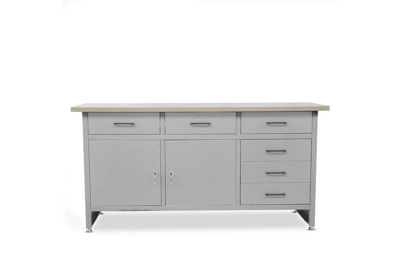 Jan Nowak Werkbank Werkstatttisch 170 cm HENRY 6 Schubladen 2 Schränke Stahl robust, (Stahl 0,8-1,0 mm 85 x 170 x 60 cm verstellbare Füße 91 kg), Werktisch abschließbar 570 kg laminierte Platte 5 Farben PZH