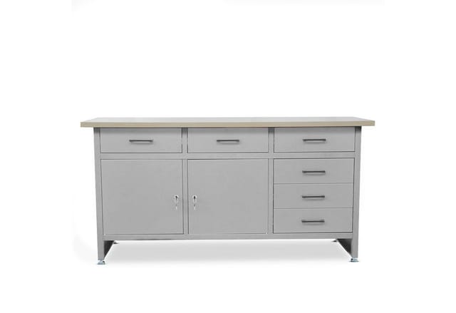 Jan Nowak Werkbank Werkstatttisch 170 cm HENRY 6 Schubladen 2 Schränke Stahl robust, (Stahl 0,8-1,0 mm 85 x 170 x 60 cm verstellbare Füße 91 kg), Werktisch abschließbar 570 kg laminierte Platte 5 Farben PZH
