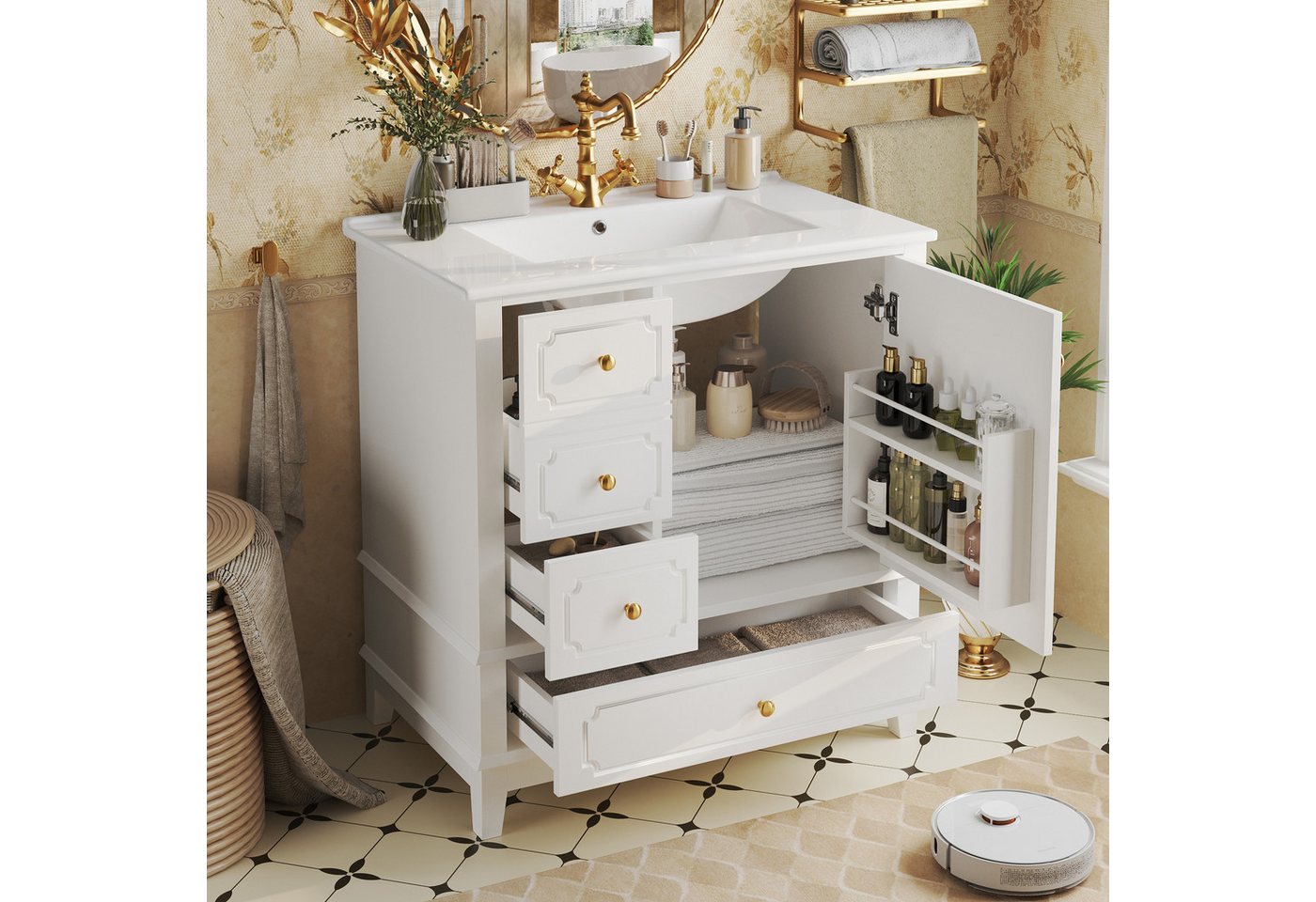 TavilaEcon Waschbeckenschrank Moderner Badschrank mit Waschbecken und Aufbewahrung (1-St) mit Keramik-Waschbecken, weiß
