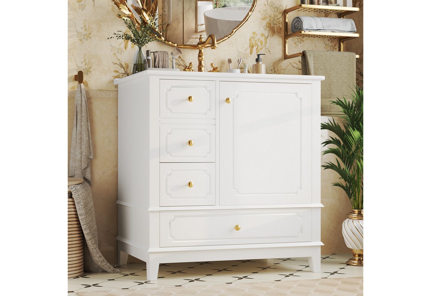 TavilaEcon Waschbeckenschrank Moderner Badschrank mit Waschbecken und Aufbewahrung (1-St) mit Keramik-Waschbecken, weiß Bild 2