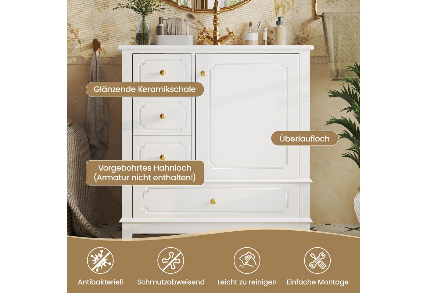 TavilaEcon Waschbeckenschrank Moderner Badschrank mit Waschbecken und Aufbewahrung (1-St) mit Keramik-Waschbecken, weiß Bild 3