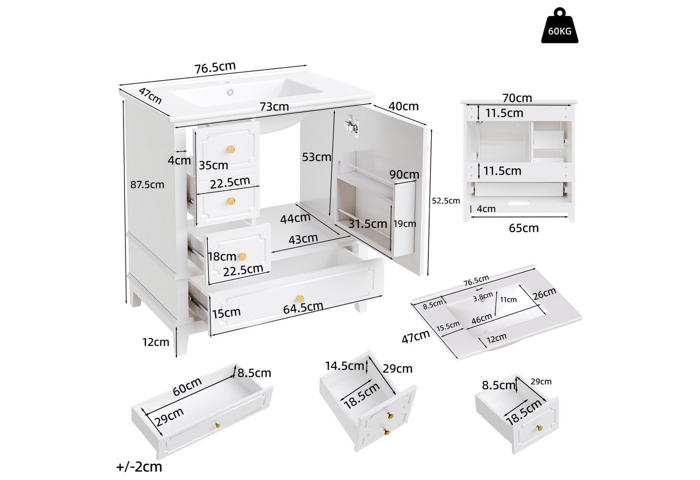 TavilaEcon Waschbeckenschrank Moderner Badschrank mit Waschbecken und Aufbewahrung (1-St) mit Keramik-Waschbecken, weiß Bild 4