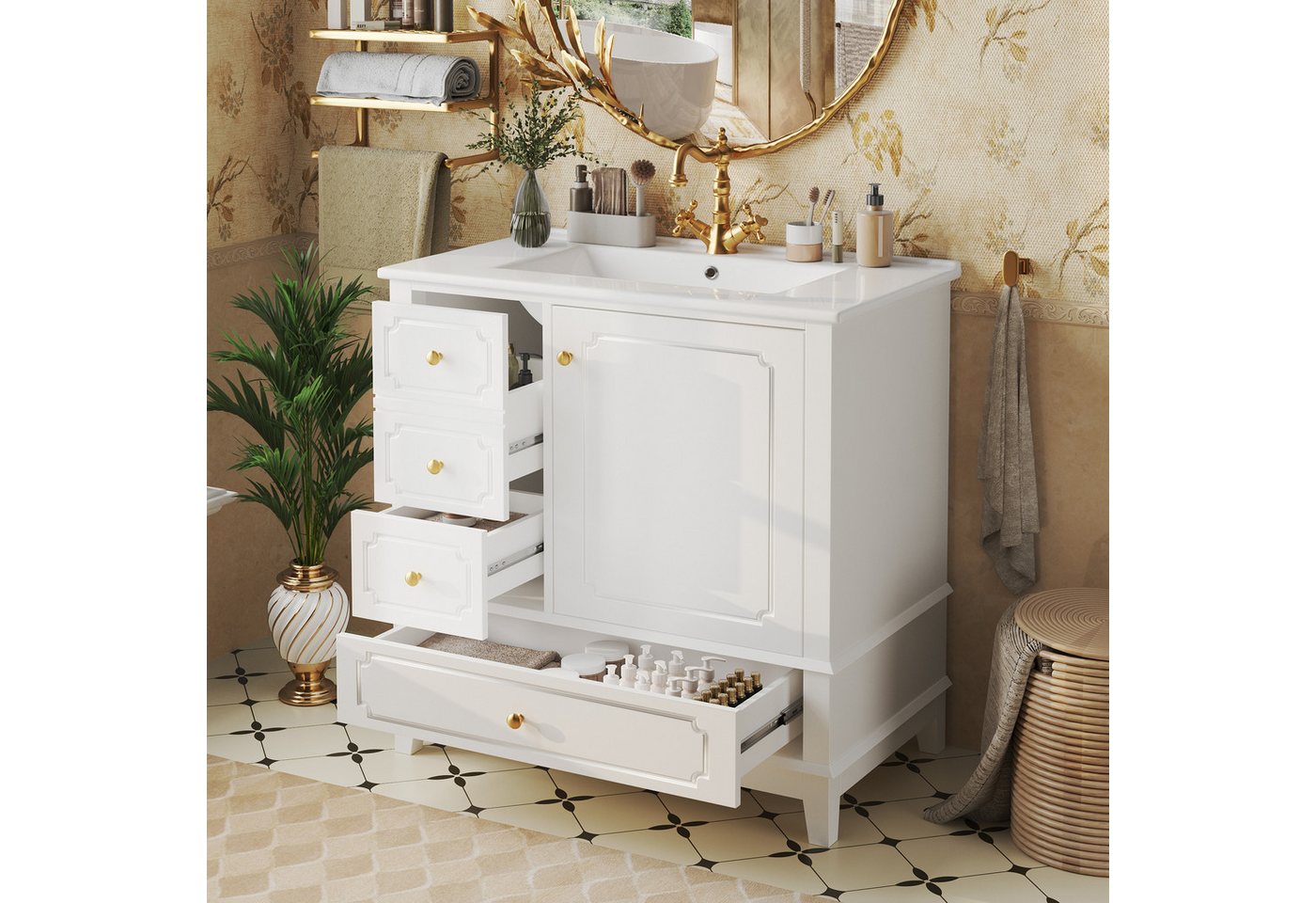 TavilaEcon Waschbeckenschrank Moderner Badschrank mit Waschbecken und Aufbewahrung (1-St) mit Keramik-Waschbecken, weiß Bild 5