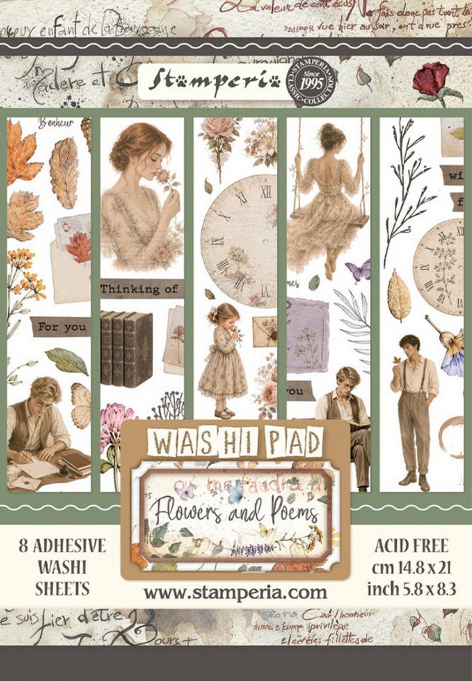 Stamperia Aufkleber Washi Pad "Flowers and Poems", 8 Bogen