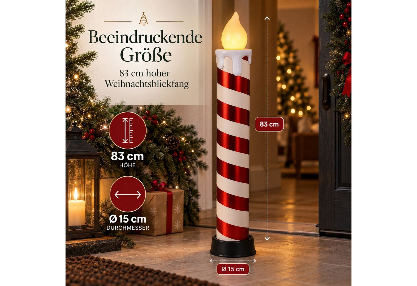 BURI Kugelleuchte XXL Zuckerstange Kerze 4x Candy Kerze LED beleuchtet Weihnachtsdeko
