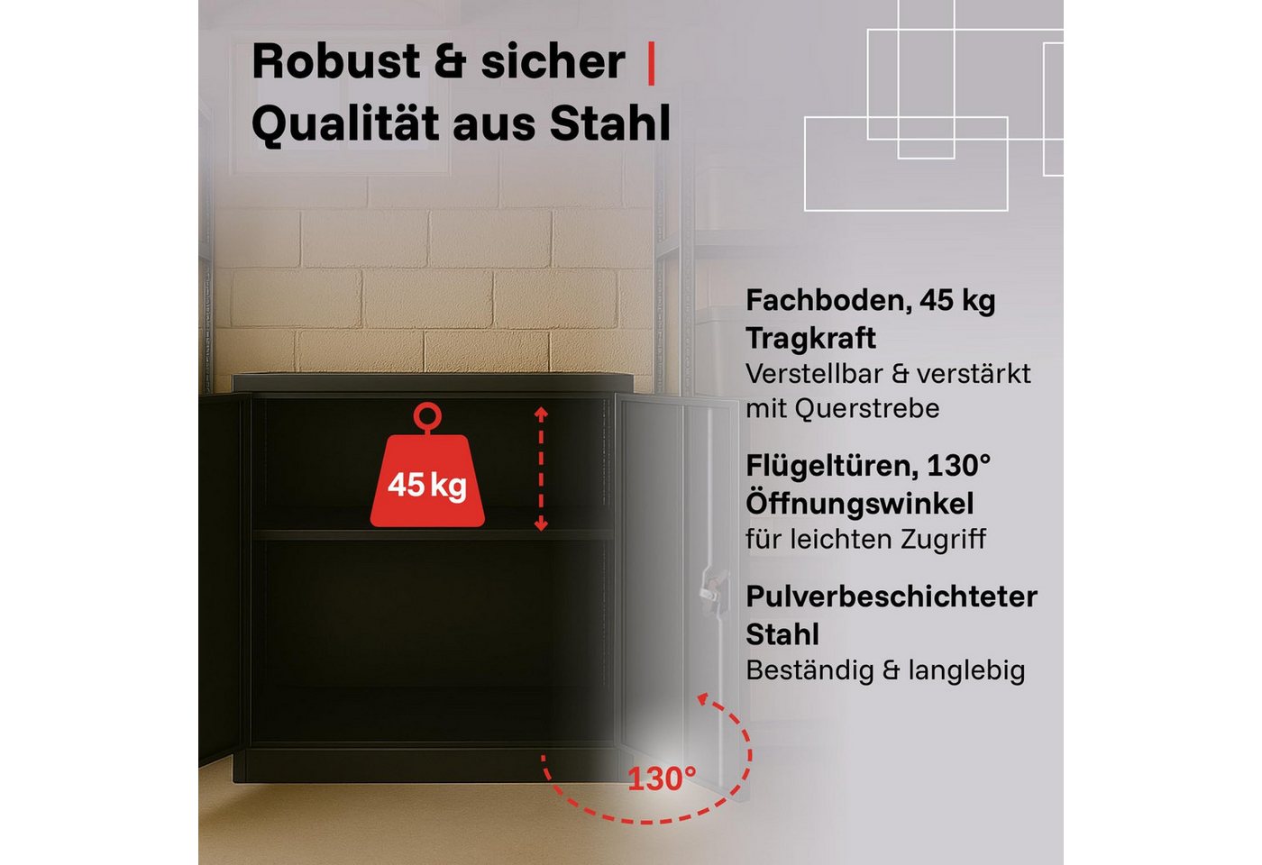 LagerZwei Aktenschrank Stahlschrank 90x90x40 cm (1-St) 3-fach verriegelt, 1 höhenverstellbarer Boden, Flügeltüren 130° Bild 2