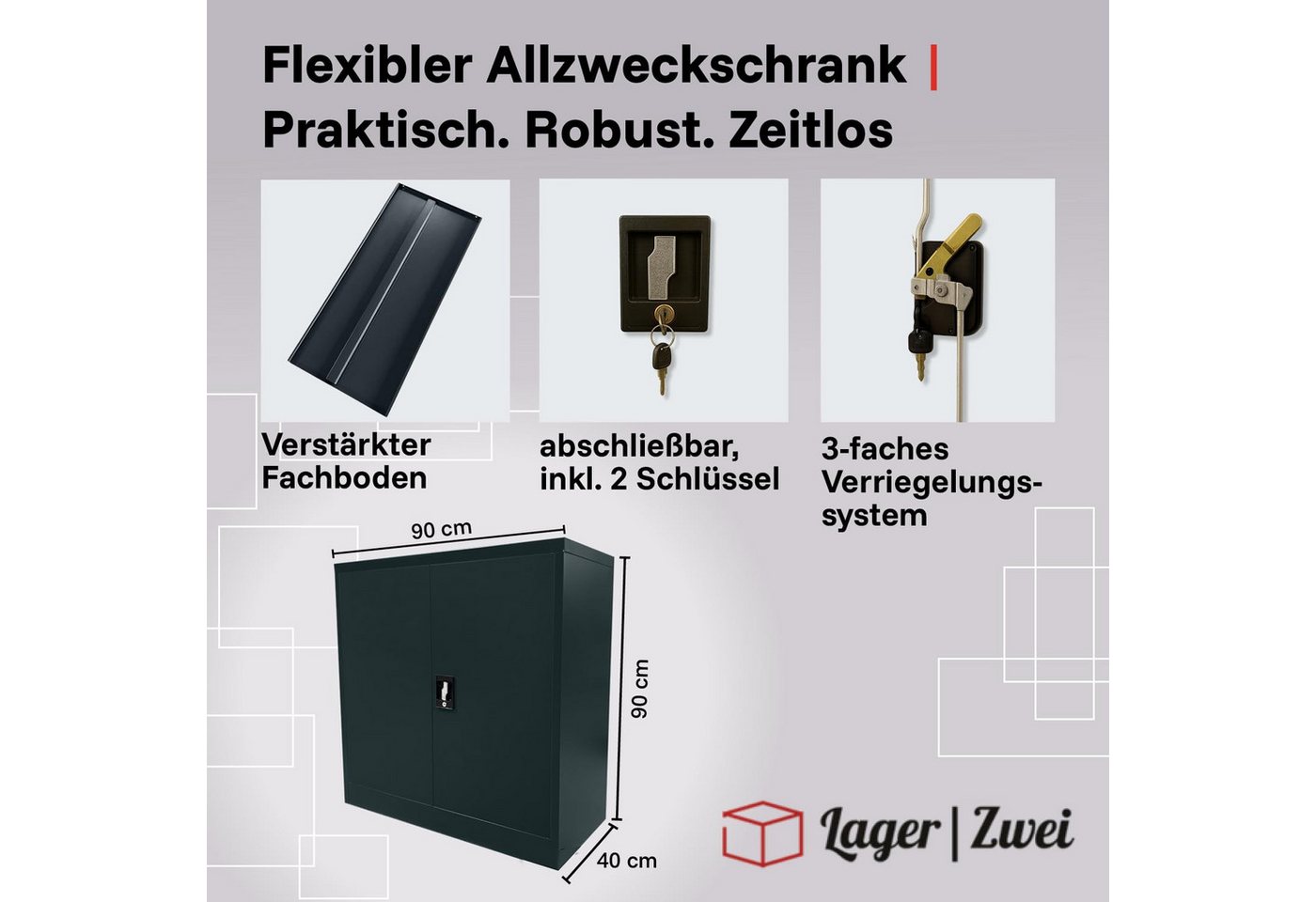 LagerZwei Aktenschrank Stahlschrank 90x90x40 cm (1-St) 3-fach verriegelt, 1 höhenverstellbarer Boden, Flügeltüren 130° Bild 4