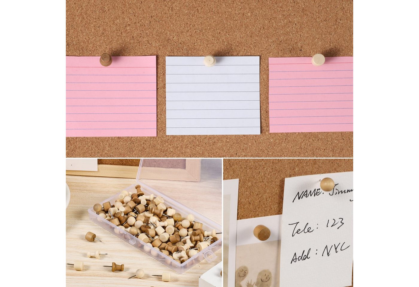 FOUORTUNATE-BEE Pinnnadel 300 Holz Reißzwecken Pinnwandnadeln mit Box für Korkwand Set, Für Fotos Karten Büro Schule Korktafel Reißzwecken Holz Set
