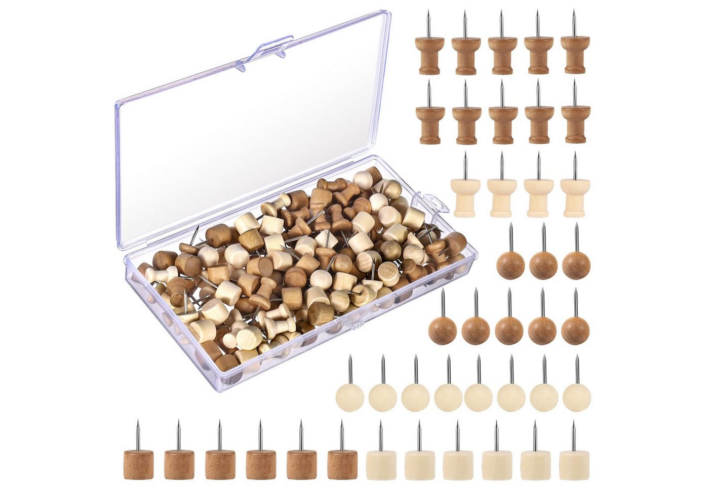 FOUORTUNATE-BEE Pinnnadel 300 Holz Reißzwecken Pinnwandnadeln mit Box für Korkwand Set, Für Fotos Karten Büro Schule Korktafel Reißzwecken Holz Set Bild 2