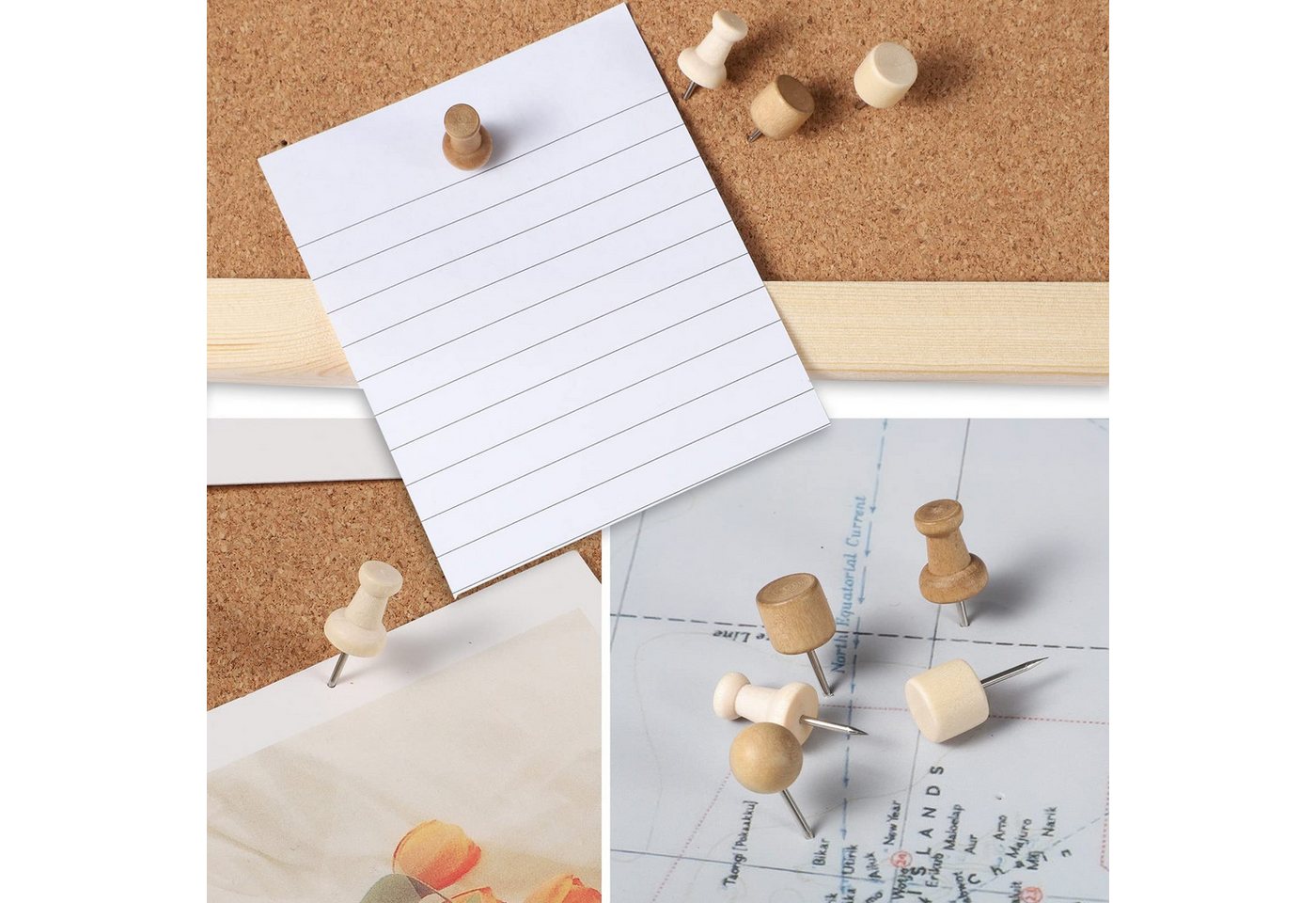FOUORTUNATE-BEE Pinnnadel 300 Holz Reißzwecken Pinnwandnadeln mit Box für Korkwand Set, Für Fotos Karten Büro Schule Korktafel Reißzwecken Holz Set Bild 3