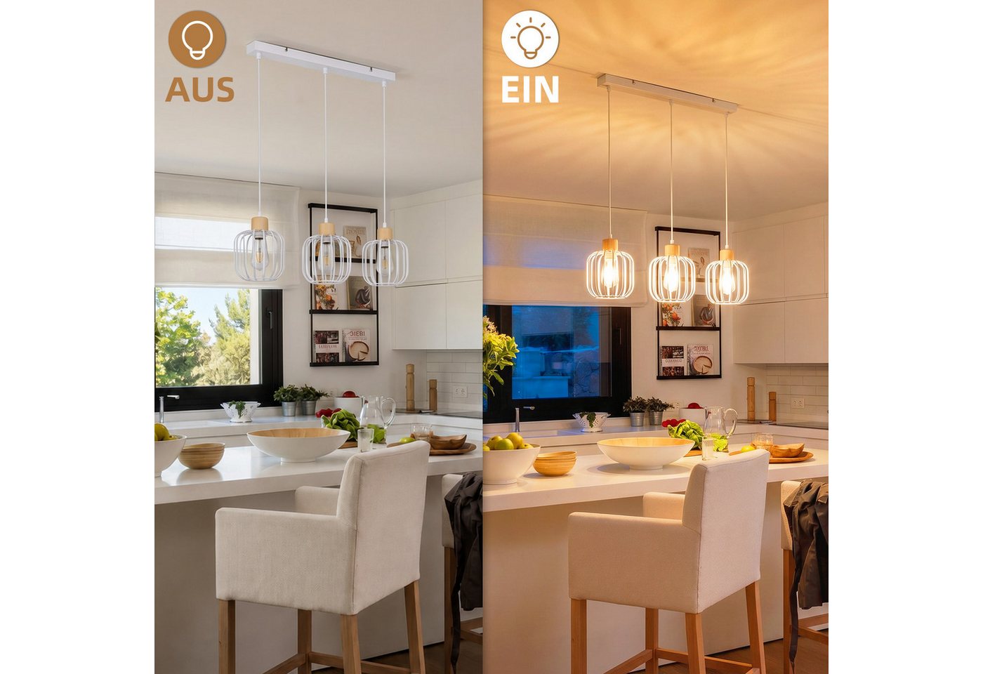 ZMH Pendelleuchte Weiß, 3 Köpfe, E27, geeignet für Esszimmer, Küche und Wohnzimmer, ohne Leuchtmittel, Hohlraum-Design, Holzfuß, höhenverstellbar, ohne Lichtquelle