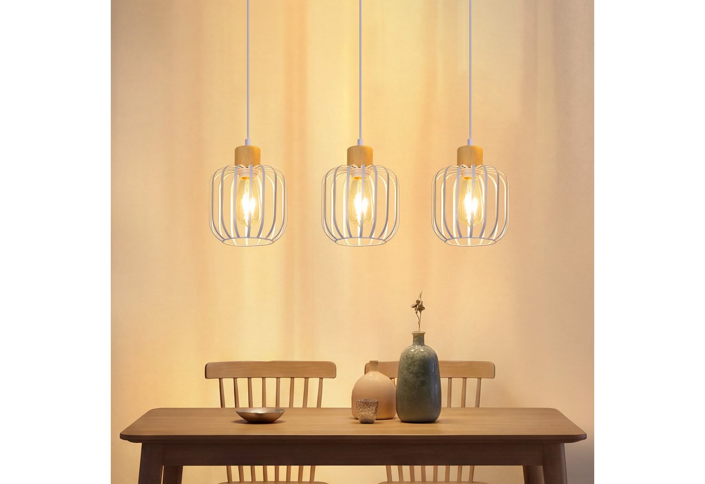 ZMH Pendelleuchte Weiß, 3 Köpfe, E27, geeignet für Esszimmer, Küche und Wohnzimmer, ohne Leuchtmittel, Hohlraum-Design, Holzfuß, höhenverstellbar, ohne Lichtquelle Bild 3