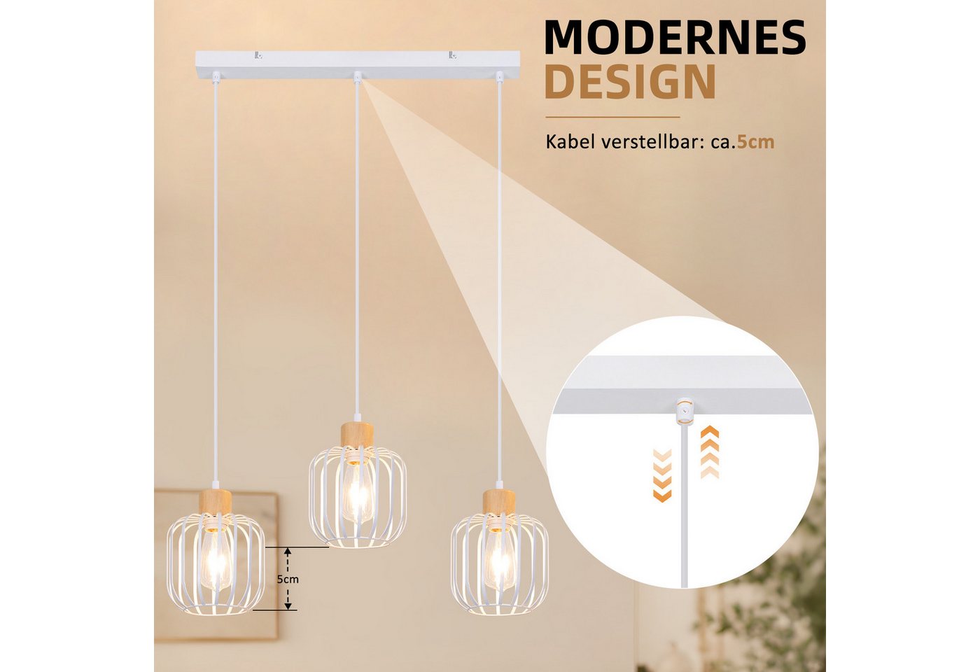 ZMH Pendelleuchte Weiß, 3 Köpfe, E27, geeignet für Esszimmer, Küche und Wohnzimmer, ohne Leuchtmittel, Hohlraum-Design, Holzfuß, höhenverstellbar, ohne Lichtquelle Bild 4