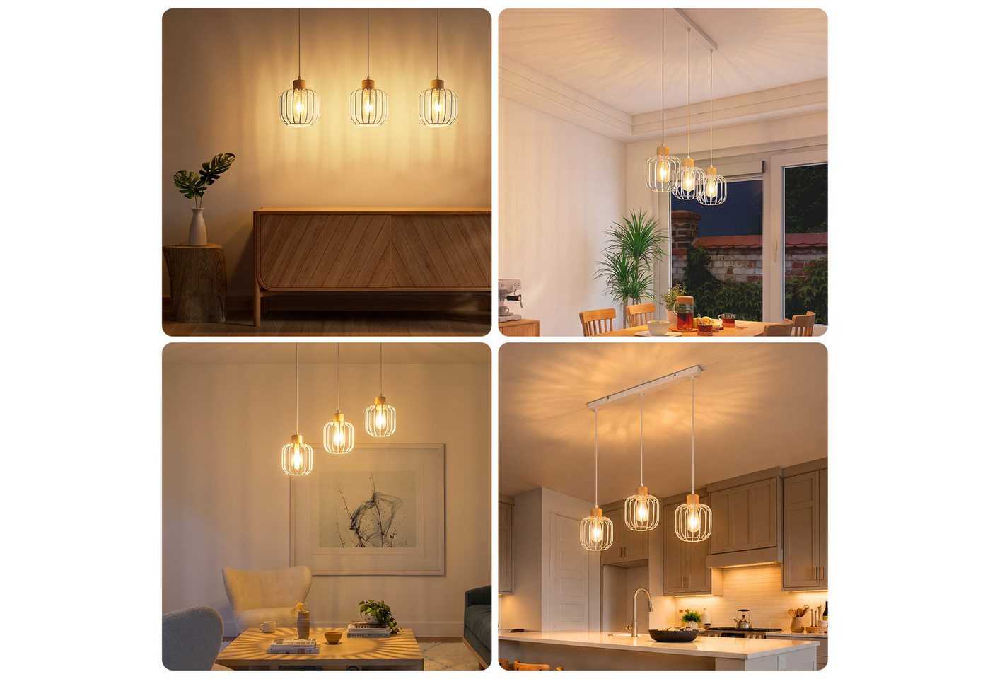 ZMH Pendelleuchte Weiß, 3 Köpfe, E27, geeignet für Esszimmer, Küche und Wohnzimmer, ohne Leuchtmittel, Hohlraum-Design, Holzfuß, höhenverstellbar, ohne Lichtquelle Bild 5