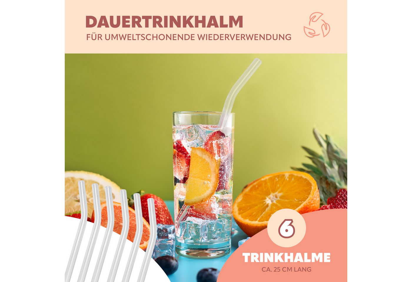 bremermann Trinkhalme 6er Glas-Trinkhalme, 25 cm Länge, wiederverwendbar, transparent inklu, (6-tlg), inkl. 2 Reinigungsbürsten