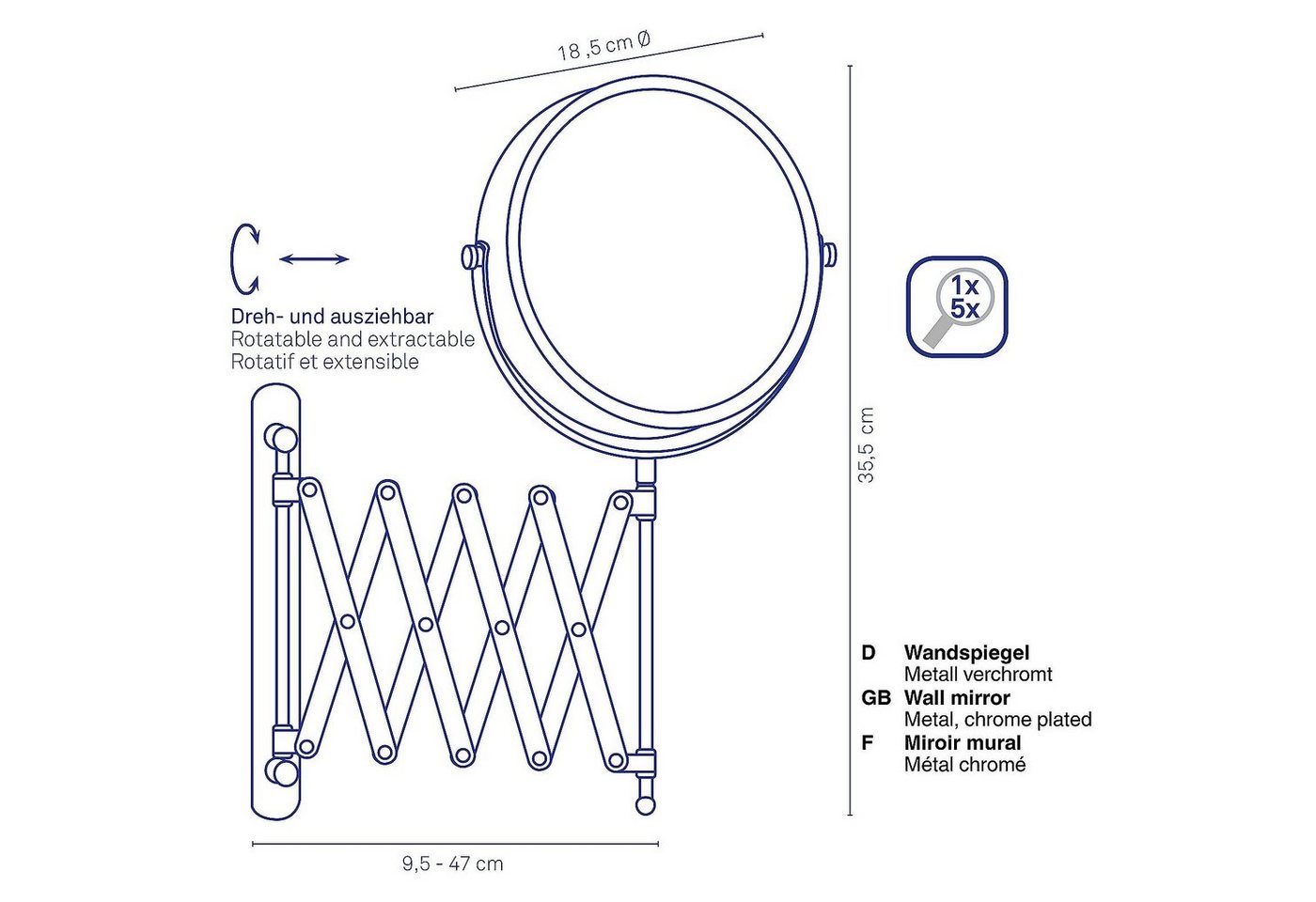 kela Kosmetikspiegel Avita, mit Scherenauszug, 1x-/5x-Vergrößerung, Wandmontage Bild 3