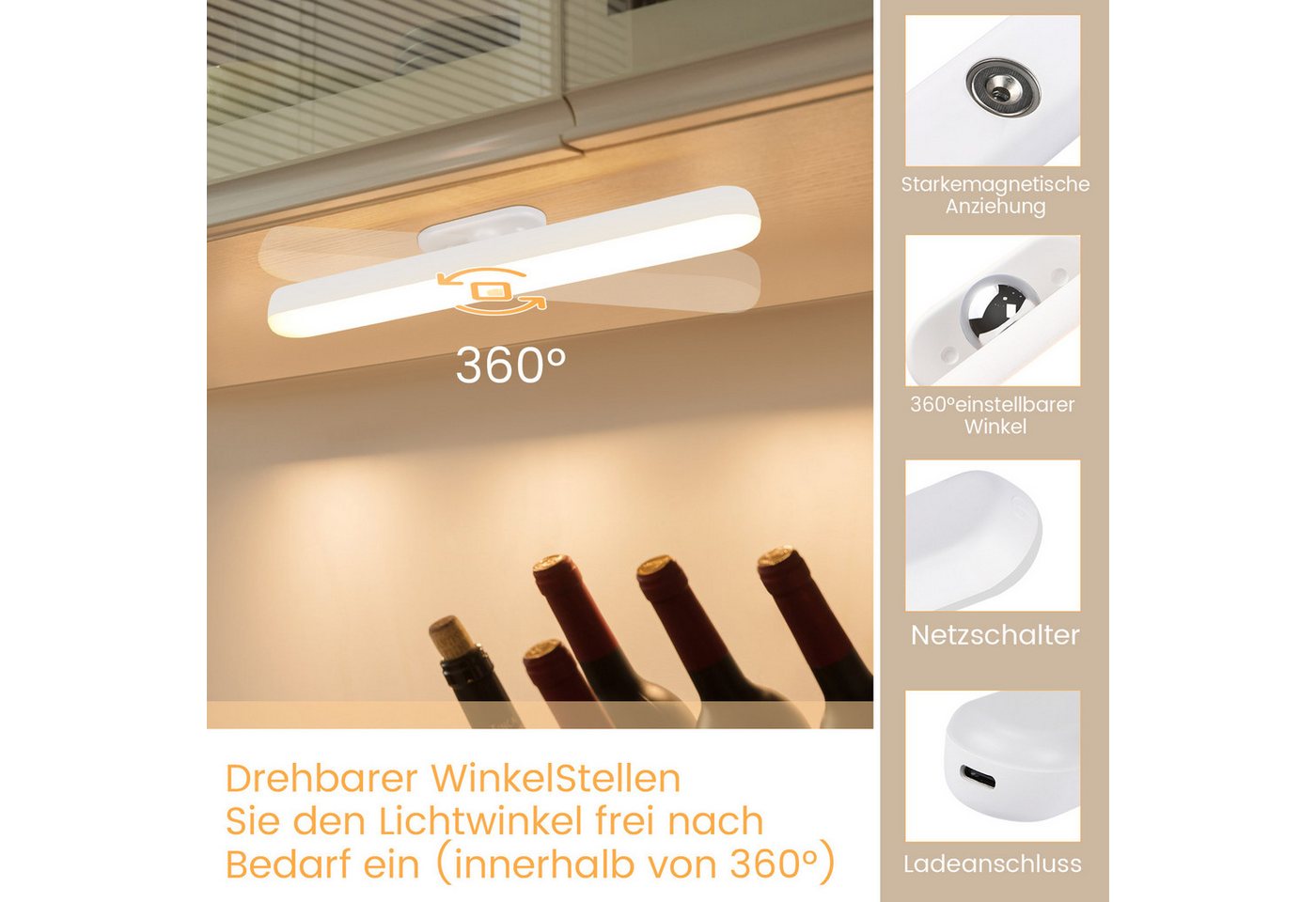 ZMH LED Unterbauleuchte Innen Dimmbar Unterbauleuchte 24CM Nachtlicht Akku Kabellos Flur, Vielseitig Einsetzbar, LED fest integriert, 3000-6500K, Mit Bewegungsmelder Unterschrank Beleuchtung für Spiegel Bild 3