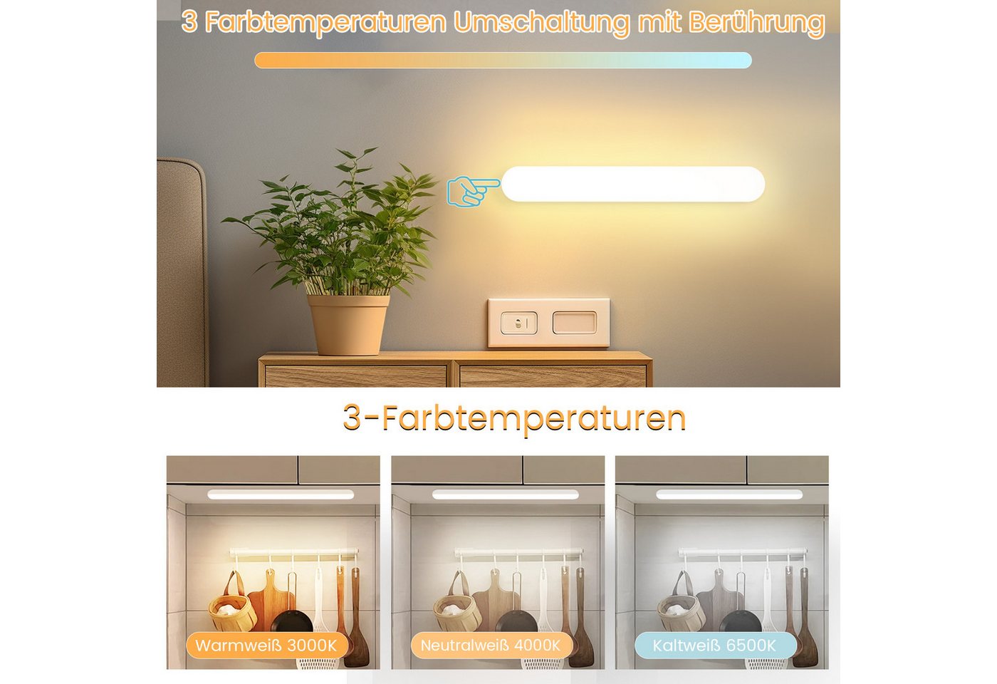 ZMH LED Unterbauleuchte Innen Dimmbar Unterbauleuchte 24CM Nachtlicht Akku Kabellos Flur, Vielseitig Einsetzbar, LED fest integriert, 3000-6500K, Mit Bewegungsmelder Unterschrank Beleuchtung für Spiegel Bild 5