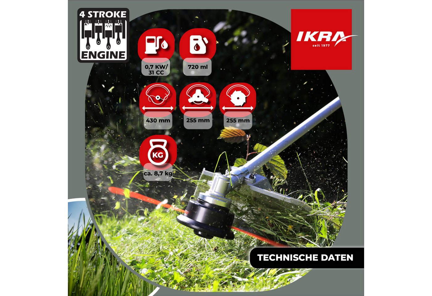 ikra GmbH Benzin-Freischneider IBF 31-4, 25,5 cm Arbeitsbreite Messer, 43 cm Arbeitsbreite Faden, inkl. Fadenspule, Schultergurt & 3-Zahn-Messer Bild 2