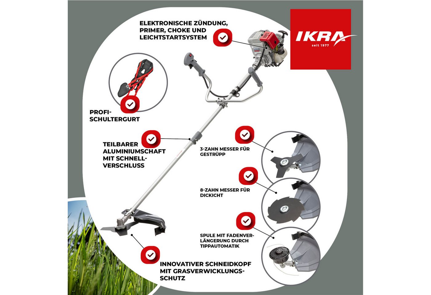 ikra GmbH Benzin-Freischneider IBF 31-4, 25,5 cm Arbeitsbreite Messer, 43 cm Arbeitsbreite Faden, inkl. Fadenspule, Schultergurt & 3-Zahn-Messer Bild 3