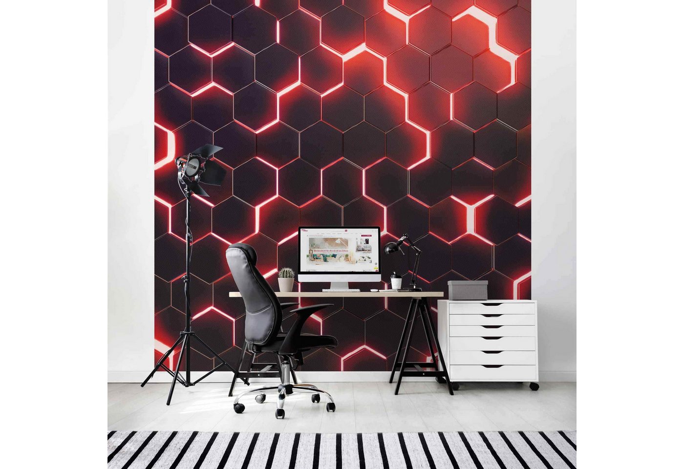 Bilderdepot24 Mustertapete Hexagone Neonlicht Rot 3D-Optik Muster Neon Art Gaming schwarz modern, Glatt, Matt, (Vliestapete inkl. Kleister oder selbstklebend), Jugendzimmer Gaming Zimmer Tapete Wohnzimmer Vliestapete Wandtapete