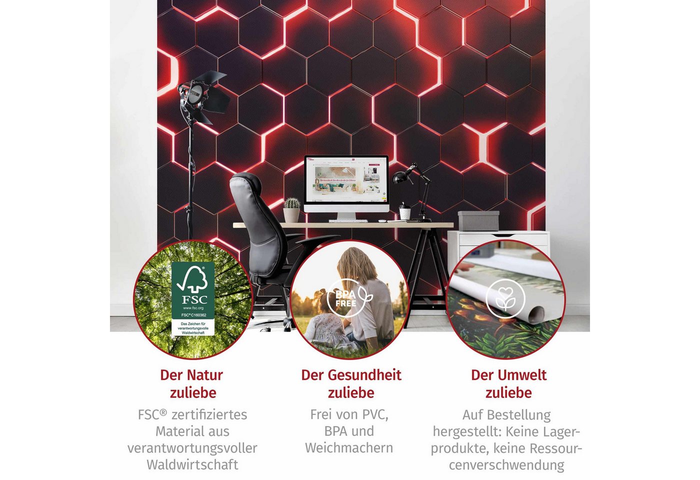 Bilderdepot24 Mustertapete Hexagone Neonlicht Rot 3D-Optik Muster Neon Art Gaming schwarz modern, Glatt, Matt, (Vliestapete inkl. Kleister oder selbstklebend), Jugendzimmer Gaming Zimmer Tapete Wohnzimmer Vliestapete Wandtapete Bild 2