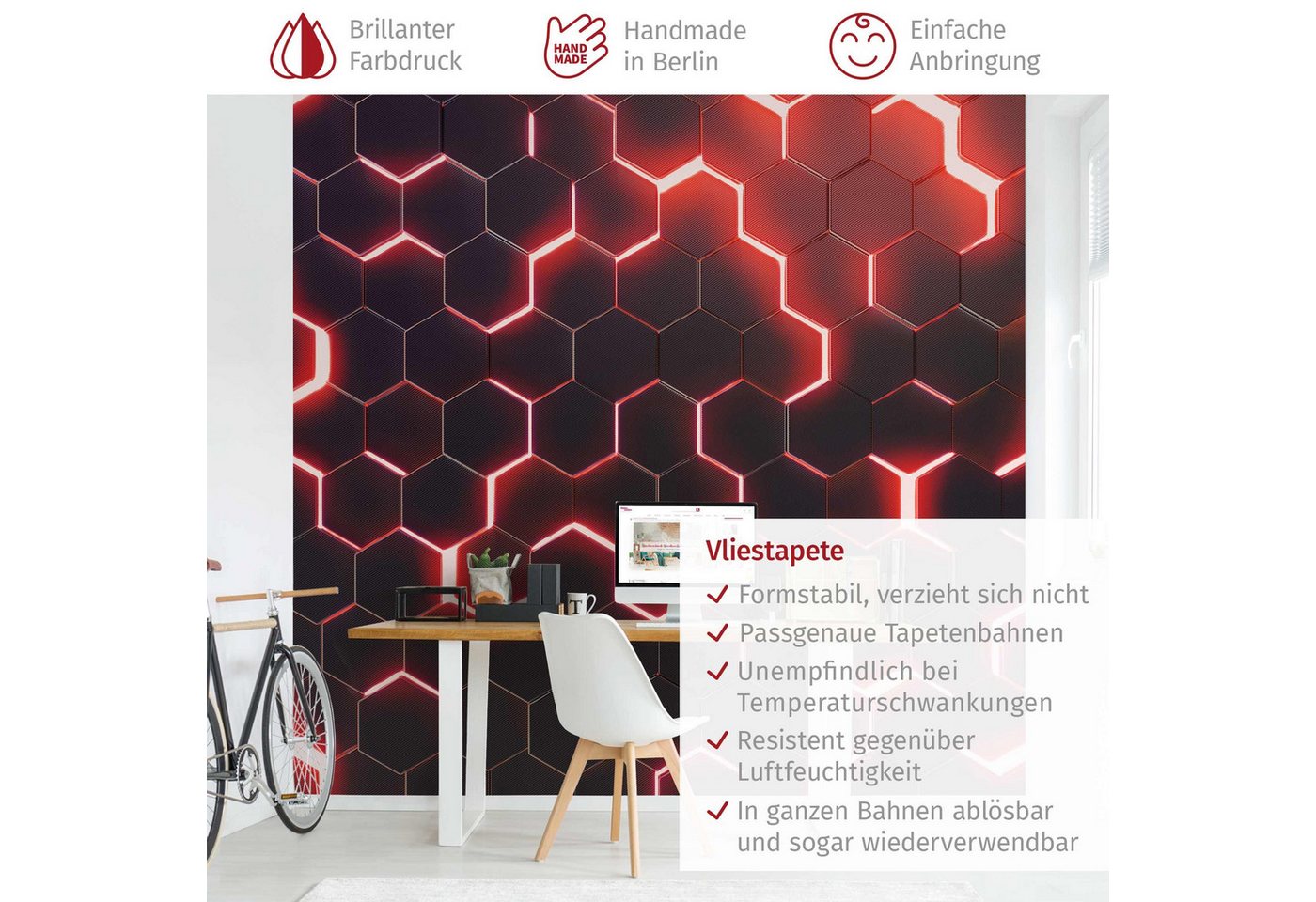 Bilderdepot24 Mustertapete Hexagone Neonlicht Rot 3D-Optik Muster Neon Art Gaming schwarz modern, Glatt, Matt, (Vliestapete inkl. Kleister oder selbstklebend), Jugendzimmer Gaming Zimmer Tapete Wohnzimmer Vliestapete Wandtapete Bild 4