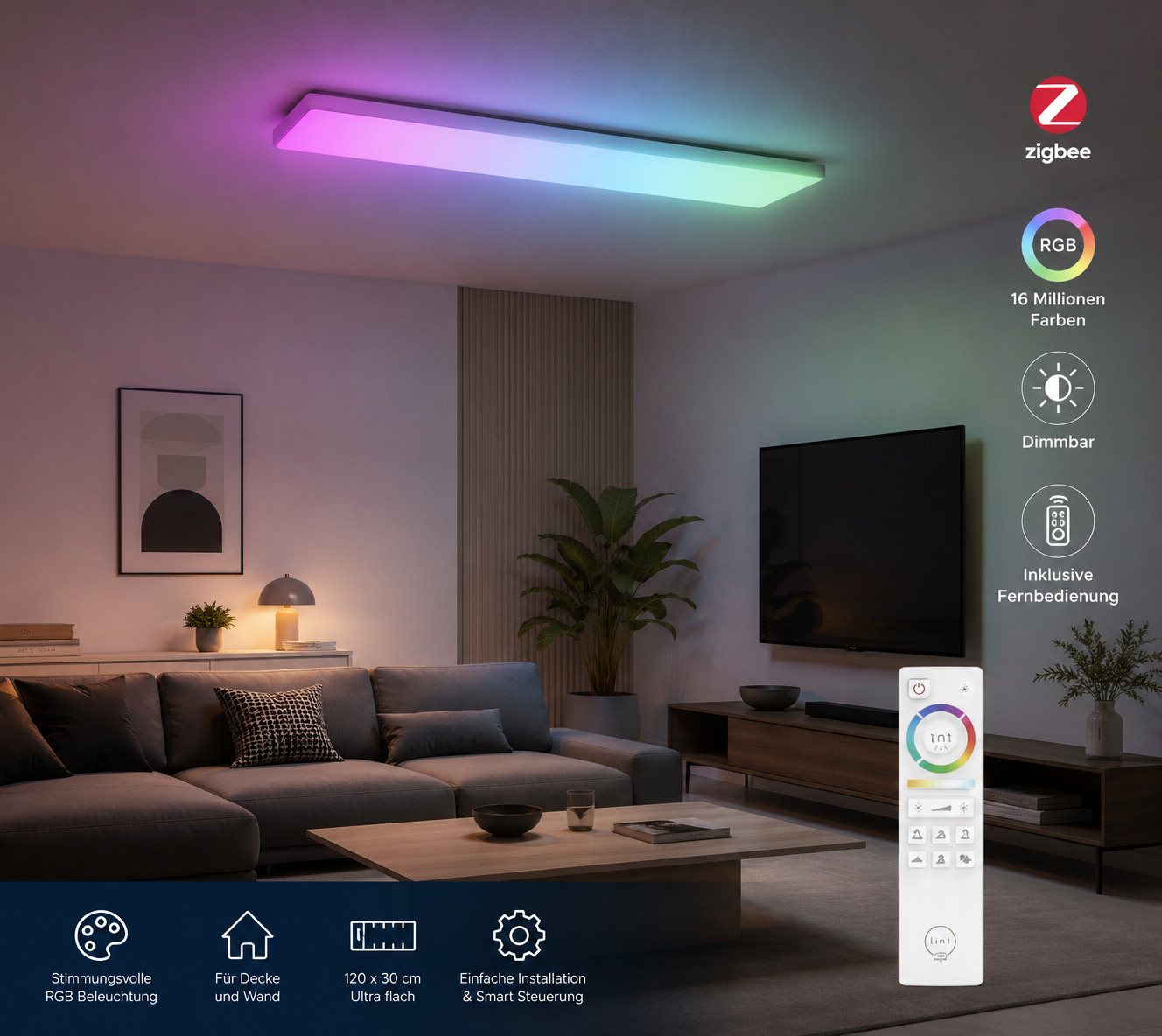 tint LED Deckenleuchte Deckenlampe Decken Panel RGB Decken Wandleuchte mit FB 120x30, LED Panelleuchte Farbwechsel Lampe Wohnzimmerlampe Flurleuchte Bild 2