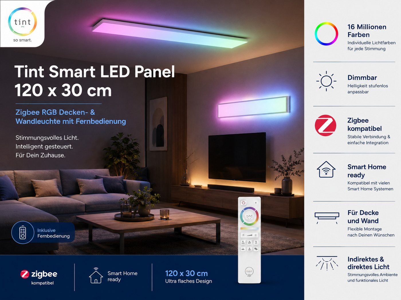 tint LED Deckenleuchte Deckenlampe Decken Panel RGB Decken Wandleuchte mit FB 120x30, LED Panelleuchte Farbwechsel Lampe Wohnzimmerlampe Flurleuchte Bild 5