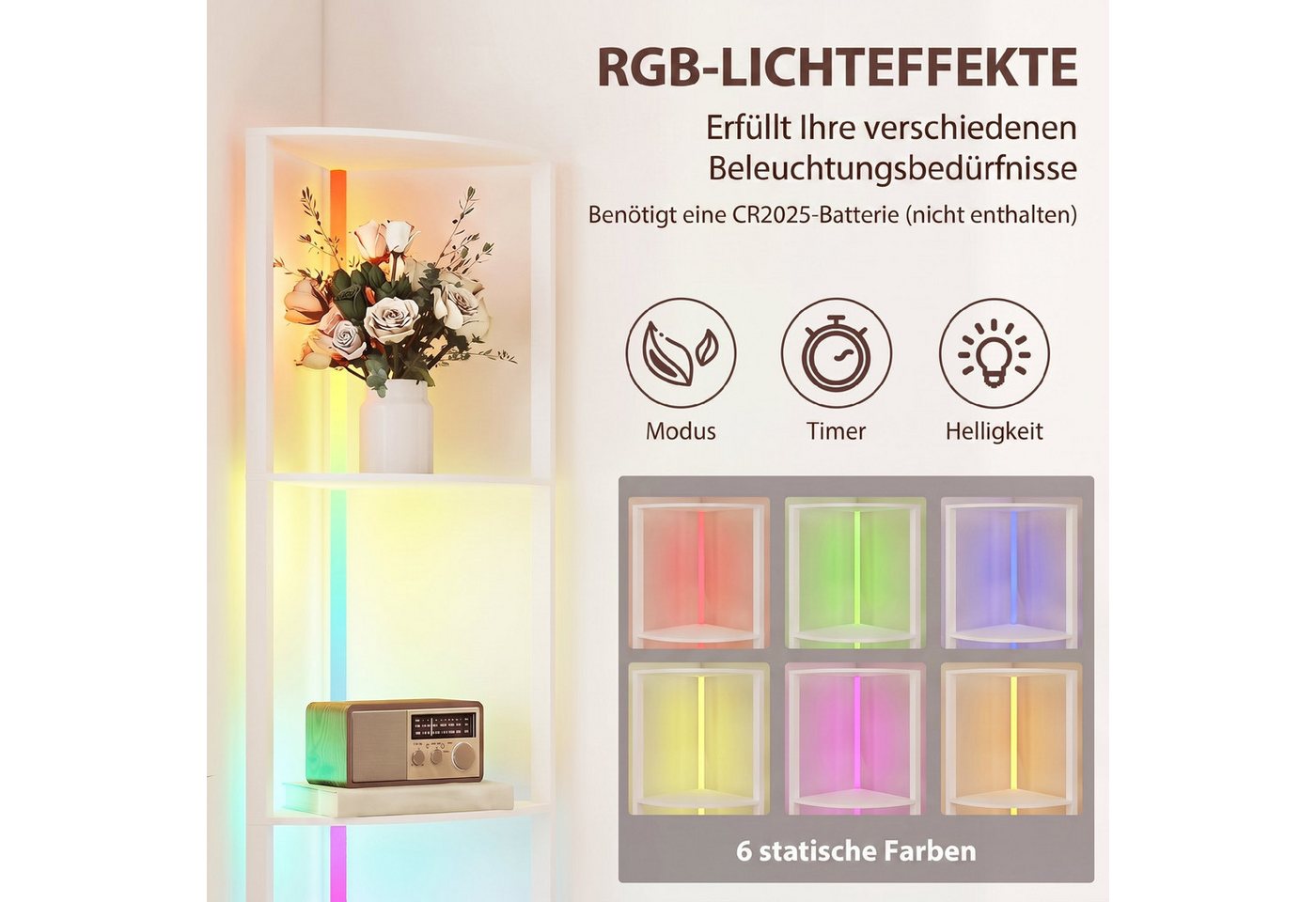HOMCOM Stehlampe LED 5-stufig dimmbare Stehleuchte mit Regal, RGB Farbwechsel, RGB-Beleuchtung, Fernbedienung, LED, RGB, RGB-LED, Fernbedienung, 5 Ablagen Bild 2