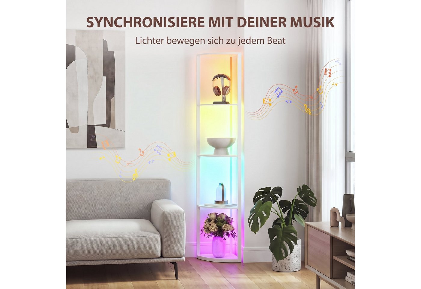 HOMCOM Stehlampe LED 5-stufig dimmbare Stehleuchte mit Regal, RGB Farbwechsel, RGB-Beleuchtung, Fernbedienung, LED, RGB, RGB-LED, Fernbedienung, 5 Ablagen Bild 5
