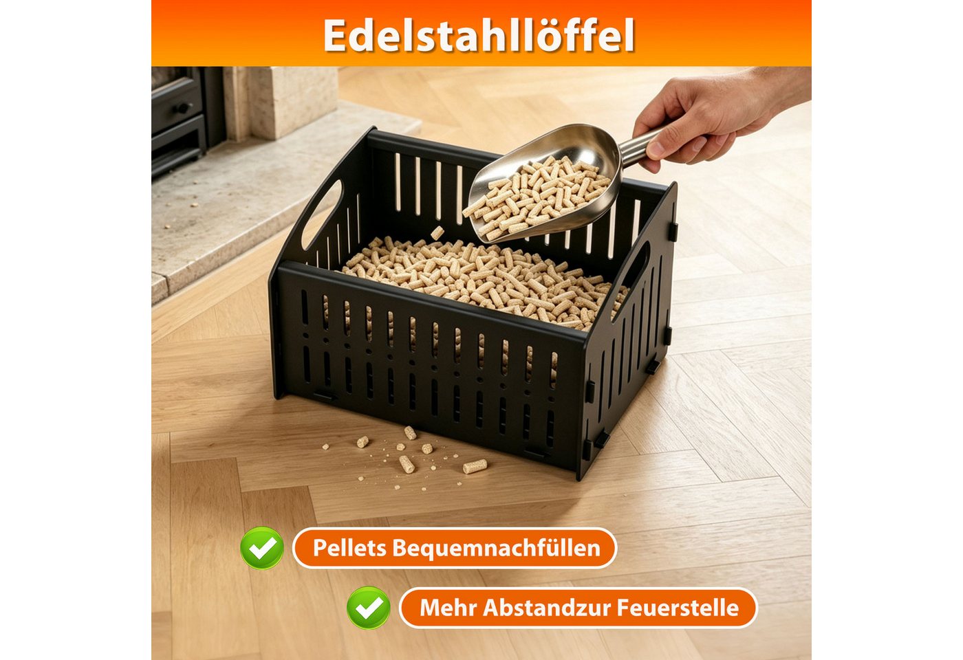 Clanmacy Kaminholzkorb Pelletkorb Kaminofen 28 cm Einzelkammer inkl. Edelstahl-Pelletschaufel