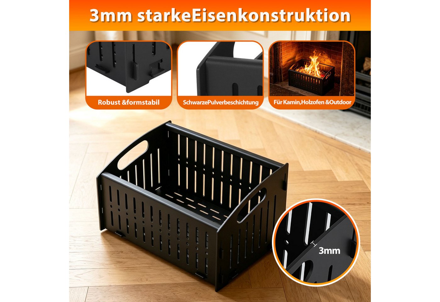 Clanmacy Kaminholzkorb Pelletkorb Kaminofen 28 cm Einzelkammer inkl. Edelstahl-Pelletschaufel Bild 3