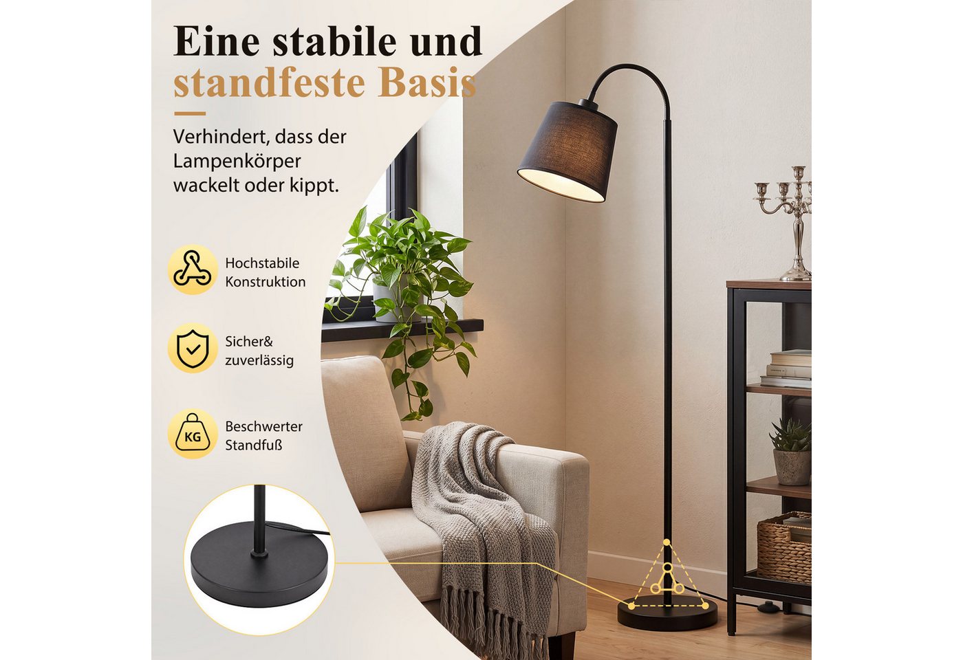 ZMH Stehlampe 160 cm Schwarz, moderne Standleuchte mit PVC-Stoffschirm, E27, ohne Leuchtmittel, 360° verstellbarem Federarm und Fußschalter, max. 40 W