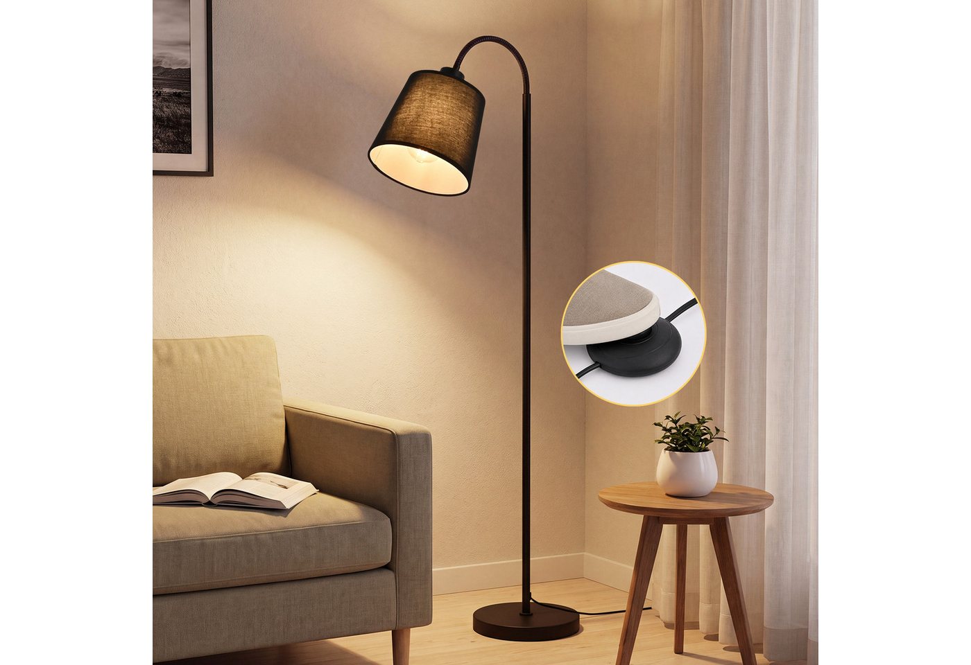 ZMH Stehlampe 160 cm Schwarz, moderne Standleuchte mit PVC-Stoffschirm, E27, ohne Leuchtmittel, 360° verstellbarem Federarm und Fußschalter, max. 40 W Bild 2
