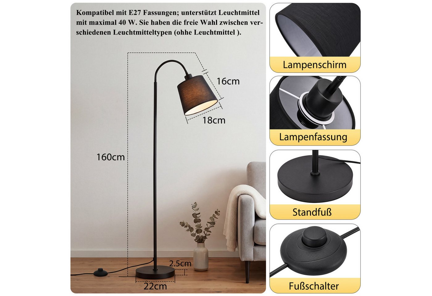 ZMH Stehlampe 160 cm Schwarz, moderne Standleuchte mit PVC-Stoffschirm, E27, ohne Leuchtmittel, 360° verstellbarem Federarm und Fußschalter, max. 40 W Bild 5