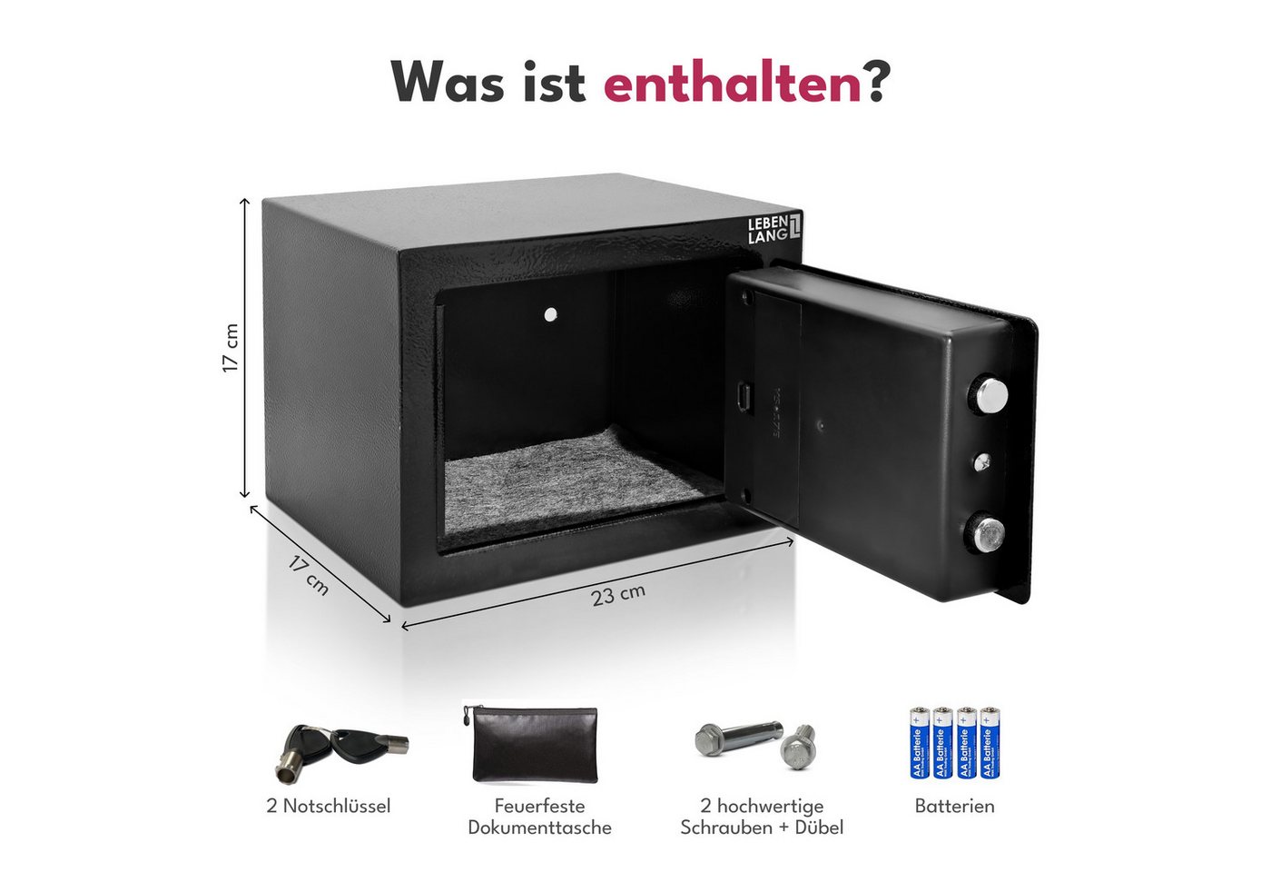 Lebenlang Tresor 5L Elektronischer Safe für Zuhause + feuerfeste Tasche & Notschlüssel (1 Fachboden), Doppelverriegelung, für wichtige Papiere, Bargeld und Wertsachen