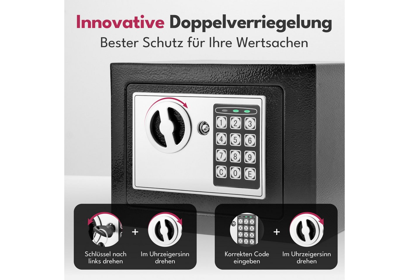Lebenlang Tresor 5L Elektronischer Safe für Zuhause + feuerfeste Tasche & Notschlüssel (1 Fachboden), Doppelverriegelung, für wichtige Papiere, Bargeld und Wertsachen Bild 3