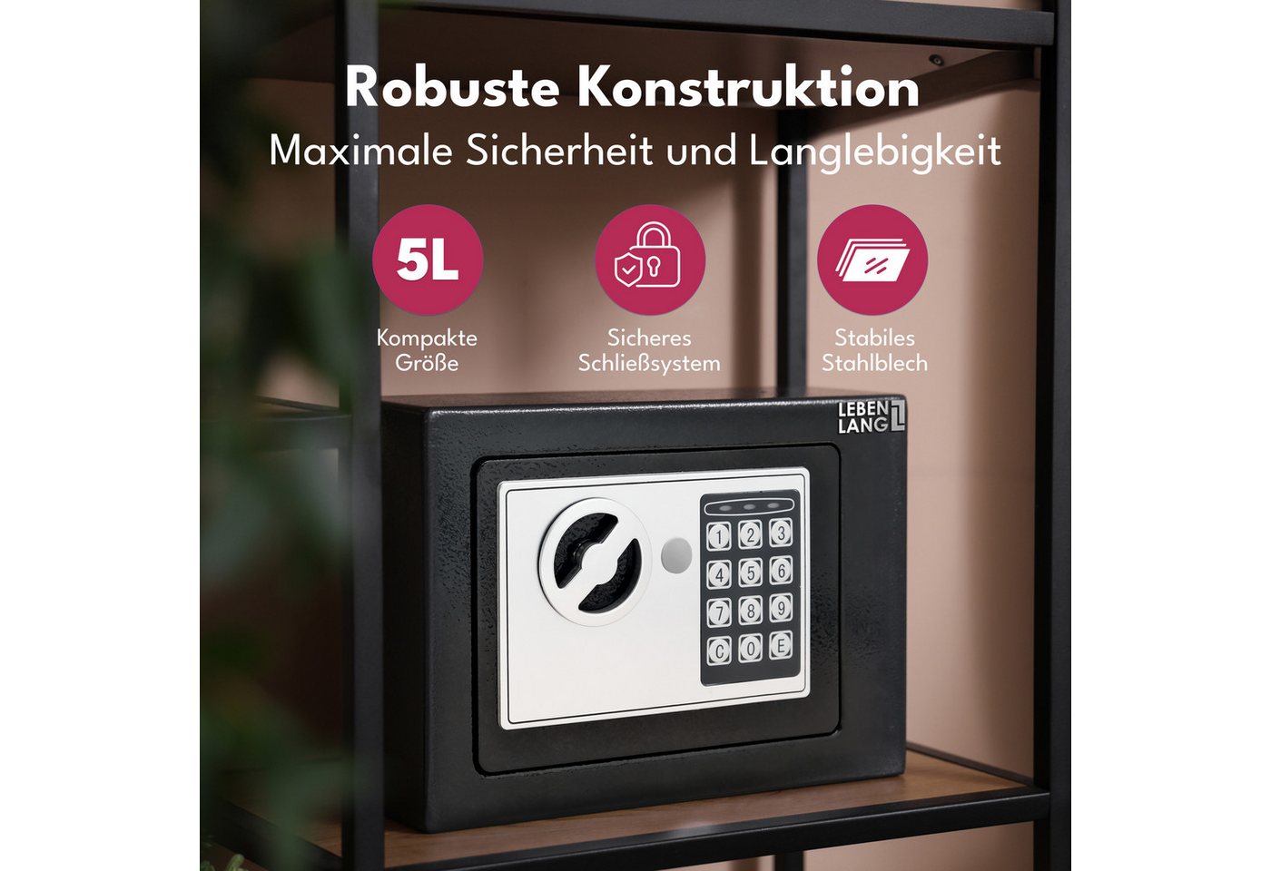 Lebenlang Tresor 5L Elektronischer Safe für Zuhause + feuerfeste Tasche & Notschlüssel (1 Fachboden), Doppelverriegelung, für wichtige Papiere, Bargeld und Wertsachen Bild 4