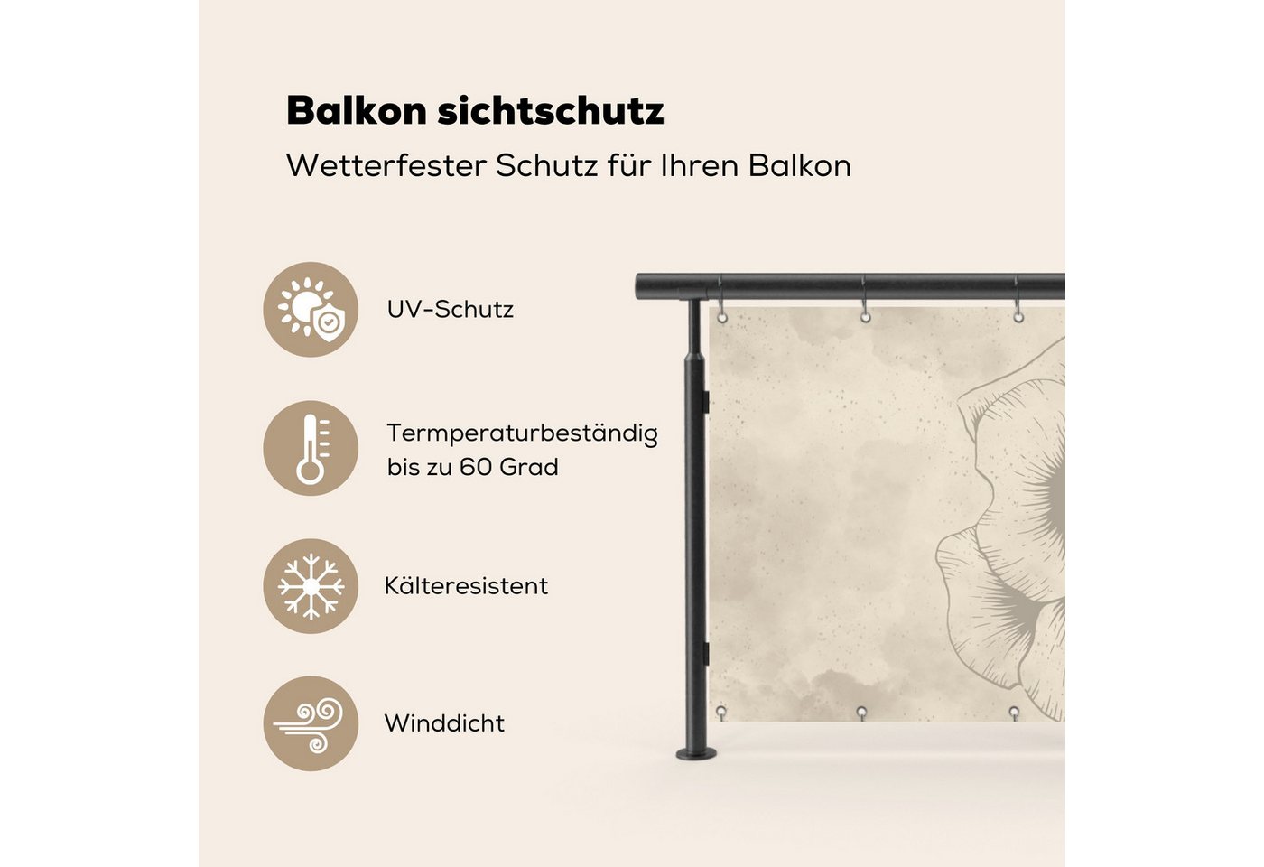 MuchoWow Balkonsichtschutz Blume - Rose - Beige - Taupe (1-St) Balkon Sichtschutz 90x200, Windschutz für Zaun PVC, 200x90 cm Bild 4