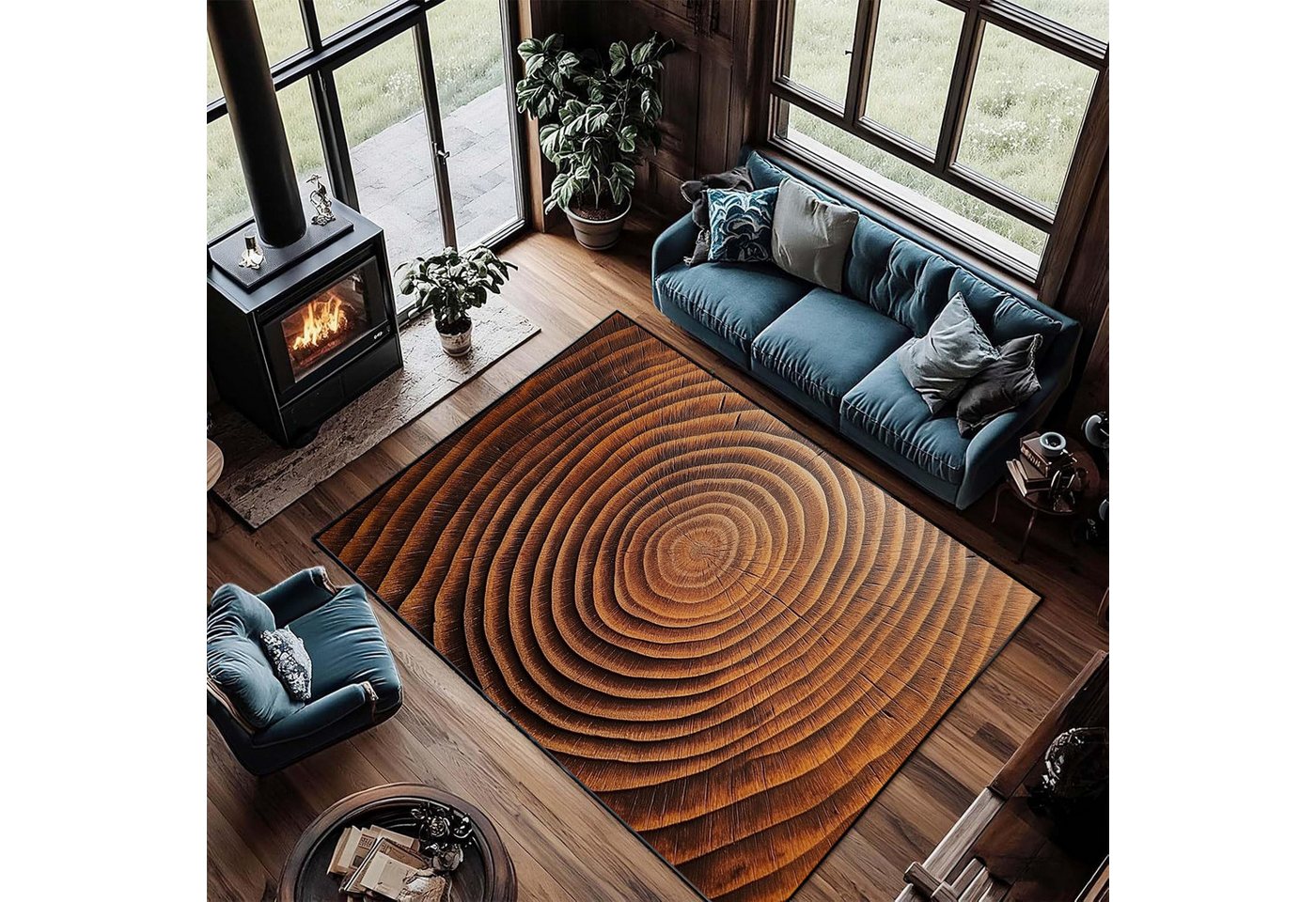 Jumpeak Teppich Baumring Holzoptik Teppich, tepichwohinzimer, teppich waschbar, Rechteckig, Höhe: 5 mm, länglicher teppich,Kunstkaschmir, teppich pflegeleicht, große teppiche