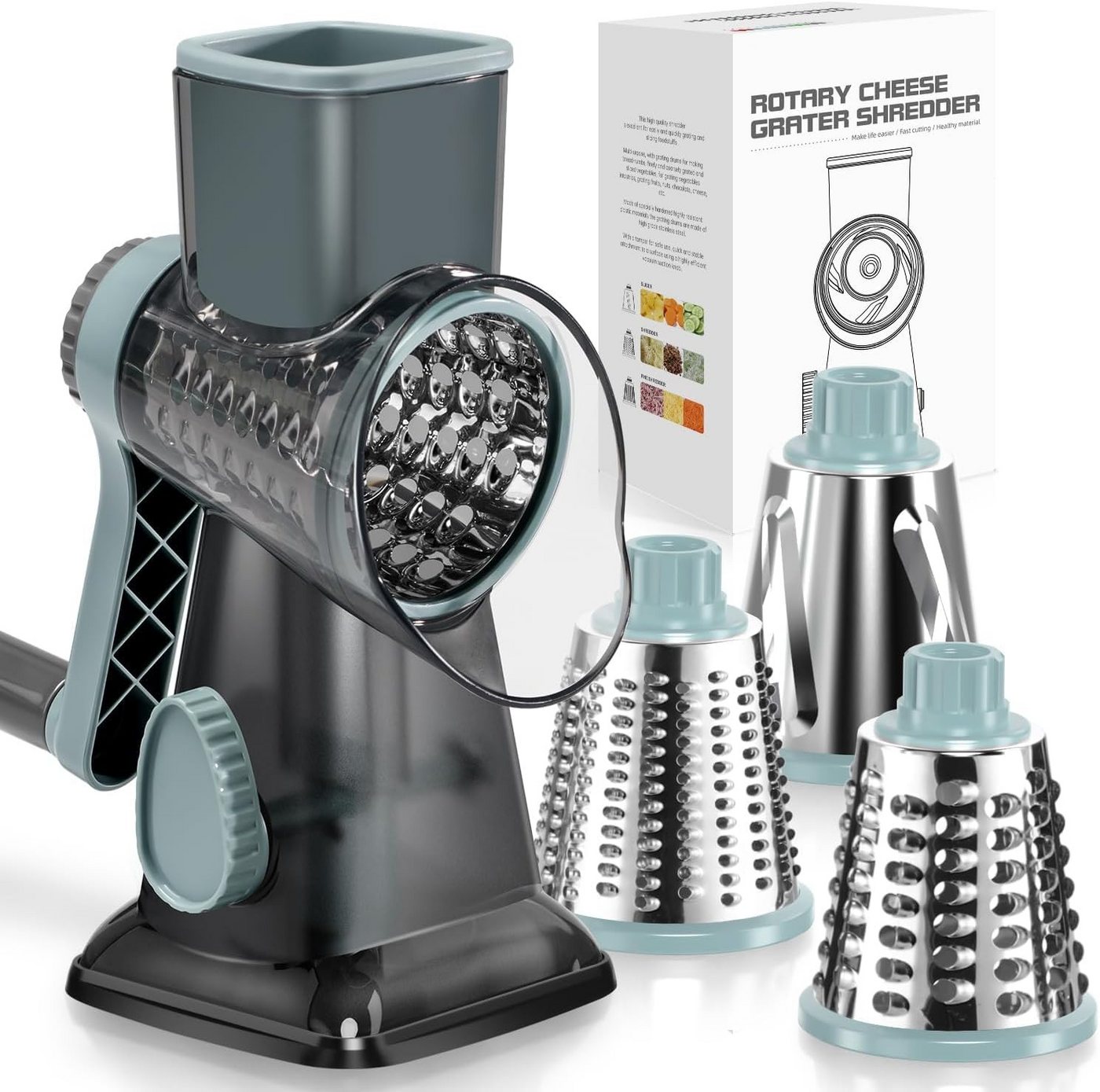 wohnTRAUM24 Gemüsehobel 3-in-1 Rotations-Käsereibe, manueller Gemüsehobel mit starkem Saugfuß, (Zubehör‑Set für Küche, 3‑in‑1 Set mit 3 Aufsätzen), Trommelreibe abnehmbar, spülmaschinengeeignet, BPA‑frei