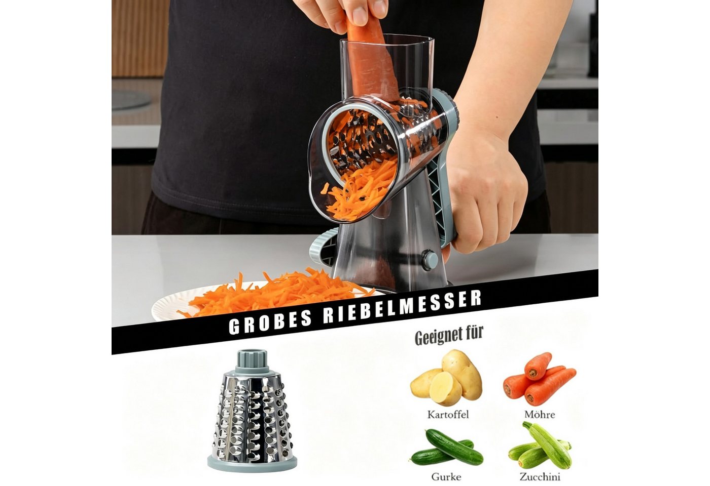 wohnTRAUM24 Gemüsehobel 3-in-1 Rotations-Käsereibe, manueller Gemüsehobel mit starkem Saugfuß, (Zubehör‑Set für Küche, 3‑in‑1 Set mit 3 Aufsätzen), Trommelreibe abnehmbar, spülmaschinengeeignet, BPA‑frei Bild 2