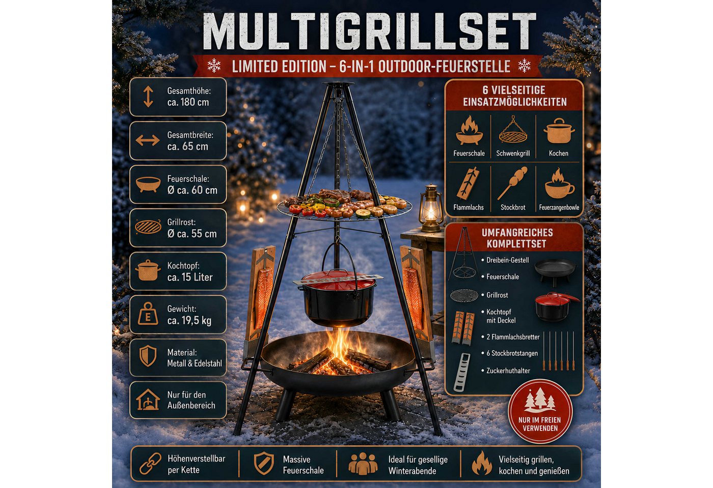 colourliving Feuerschale 6-in-1 Grill-Set, mit Schwenkgrill, Feuerzangenbowle, Grillrost, Feuerschale mit Schwenkgrill Komplettset Bild 5