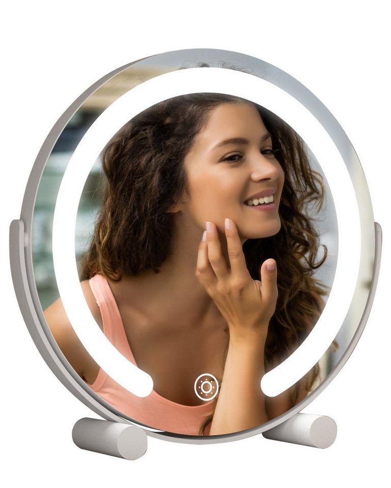 WDWRITTI Kosmetikspiegel LED Schminkspiegel 3Lichtfarben Helligkeit dimmbar Touch Tischspiegel (Make Up Spiegel Rund, 360° Drehbar), Umweltschutz Spiegel, energiesparender